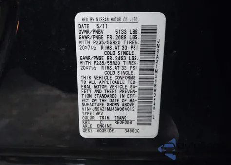 2011 Nissan Murano Le z USA, uszkodzony, nr VIN JN8AZ1MU4BW064012